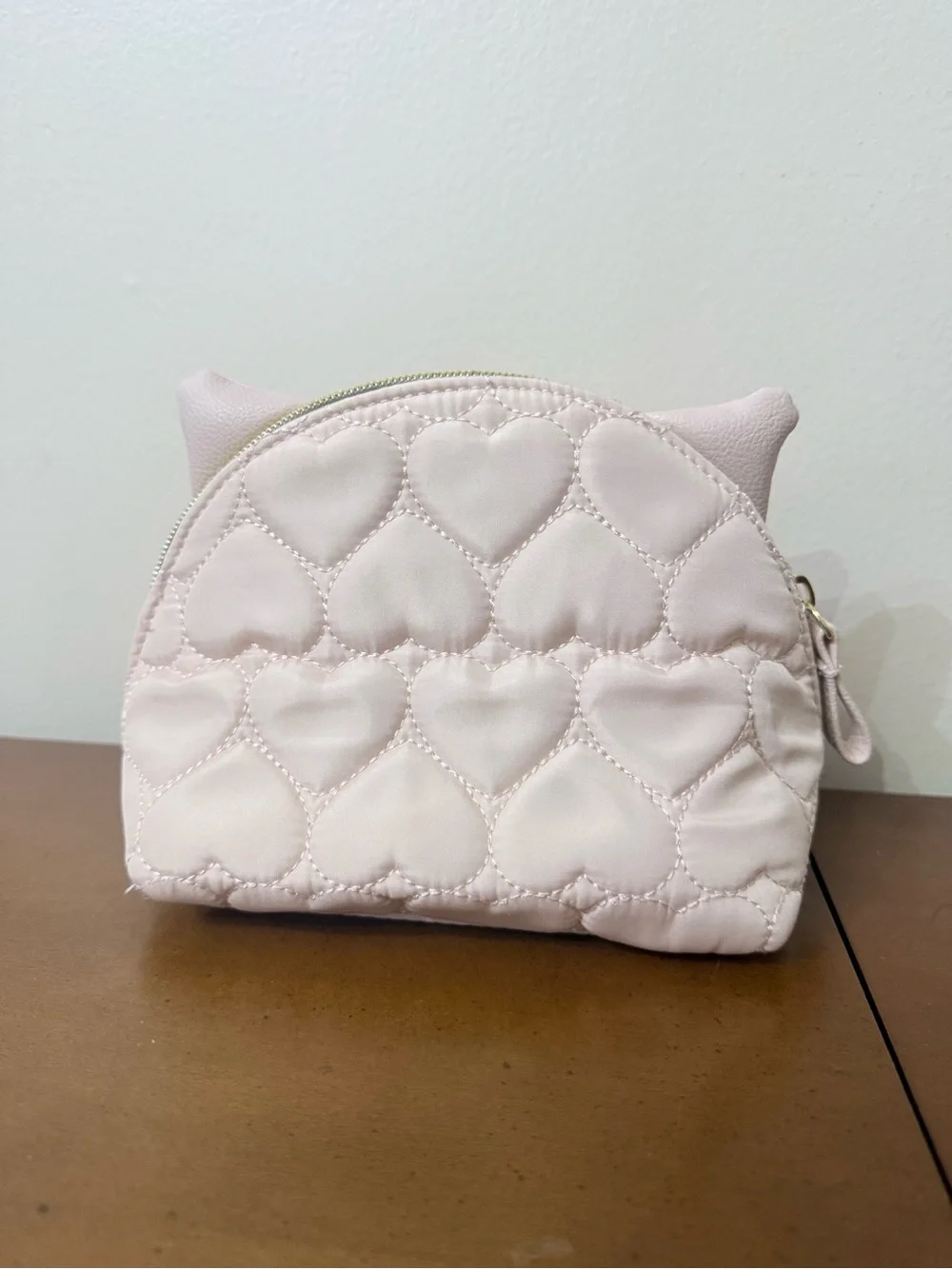 Betsey Johnson Quilted Hearts Pink Cat Make Up Accessory Bag
